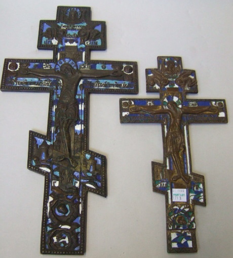 Appraisal: Two Russian bronze and enamel decorated Icon Crucifixes th century