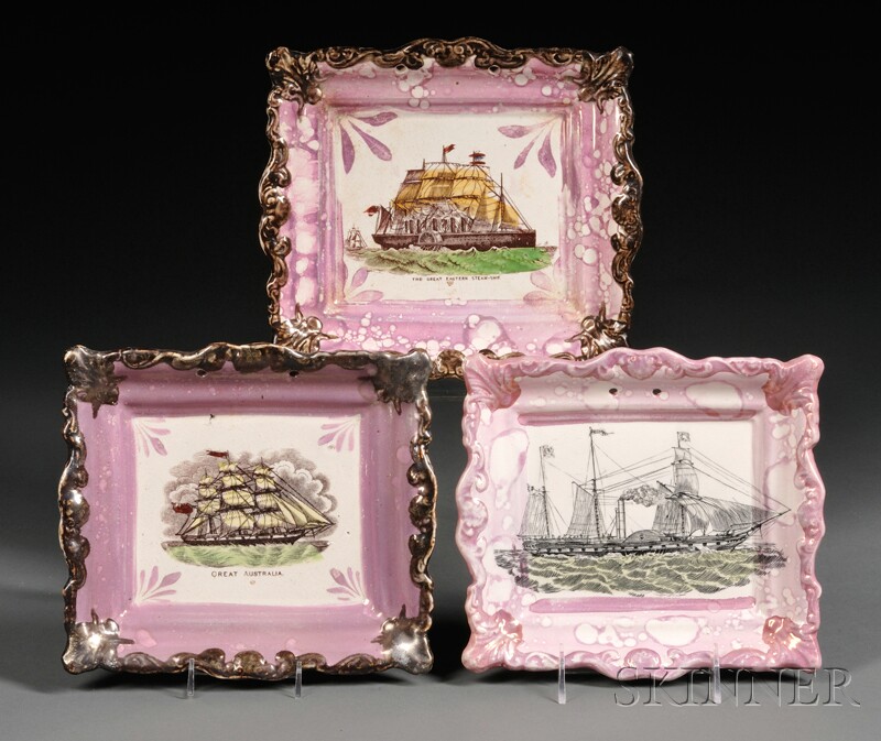 Appraisal: Three Sunderland Pink Lustre Transfer-decorated Pottery Plaques with Vessels England