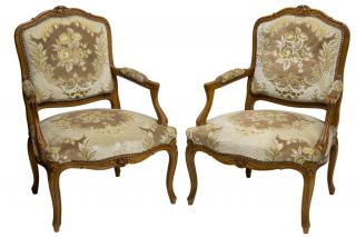 Appraisal: FRENCH LOUIS XV STYLE FLORAL CARVED ARM CHAIRS pair French