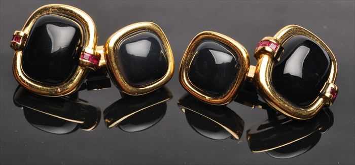 Appraisal: PAIR OF ONYX AND RUBY CUFFLINKS Unmarked