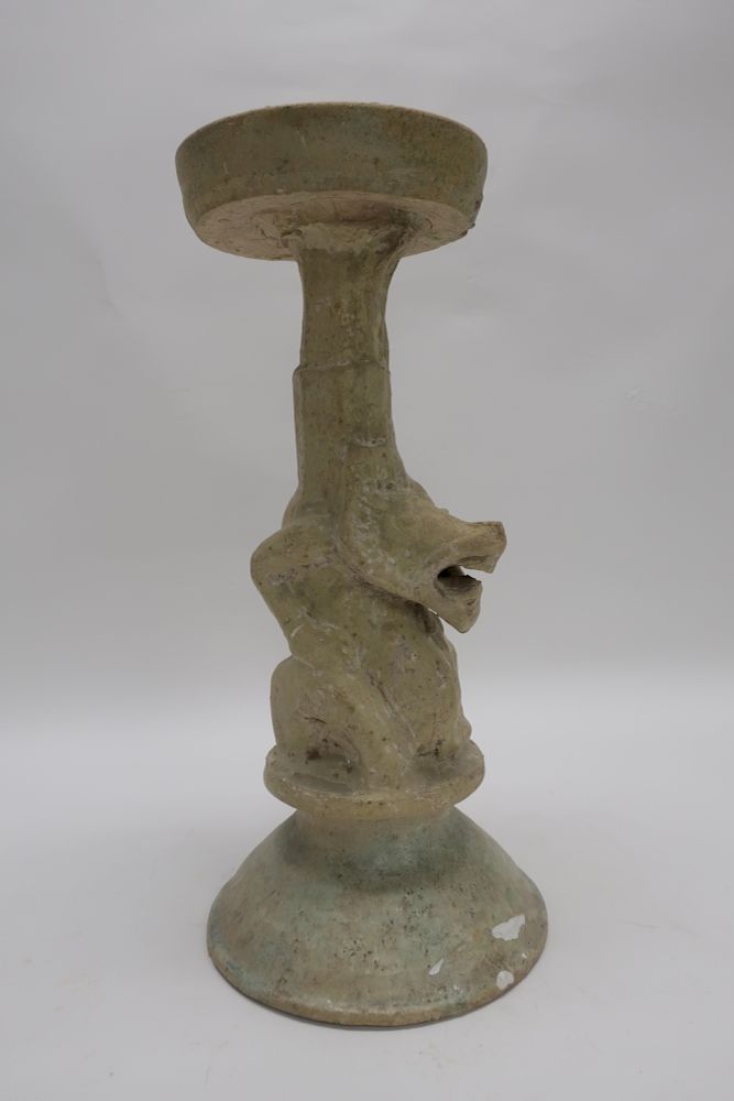 Appraisal: Han Dynasty Lamp Stand This is a rare green glazed