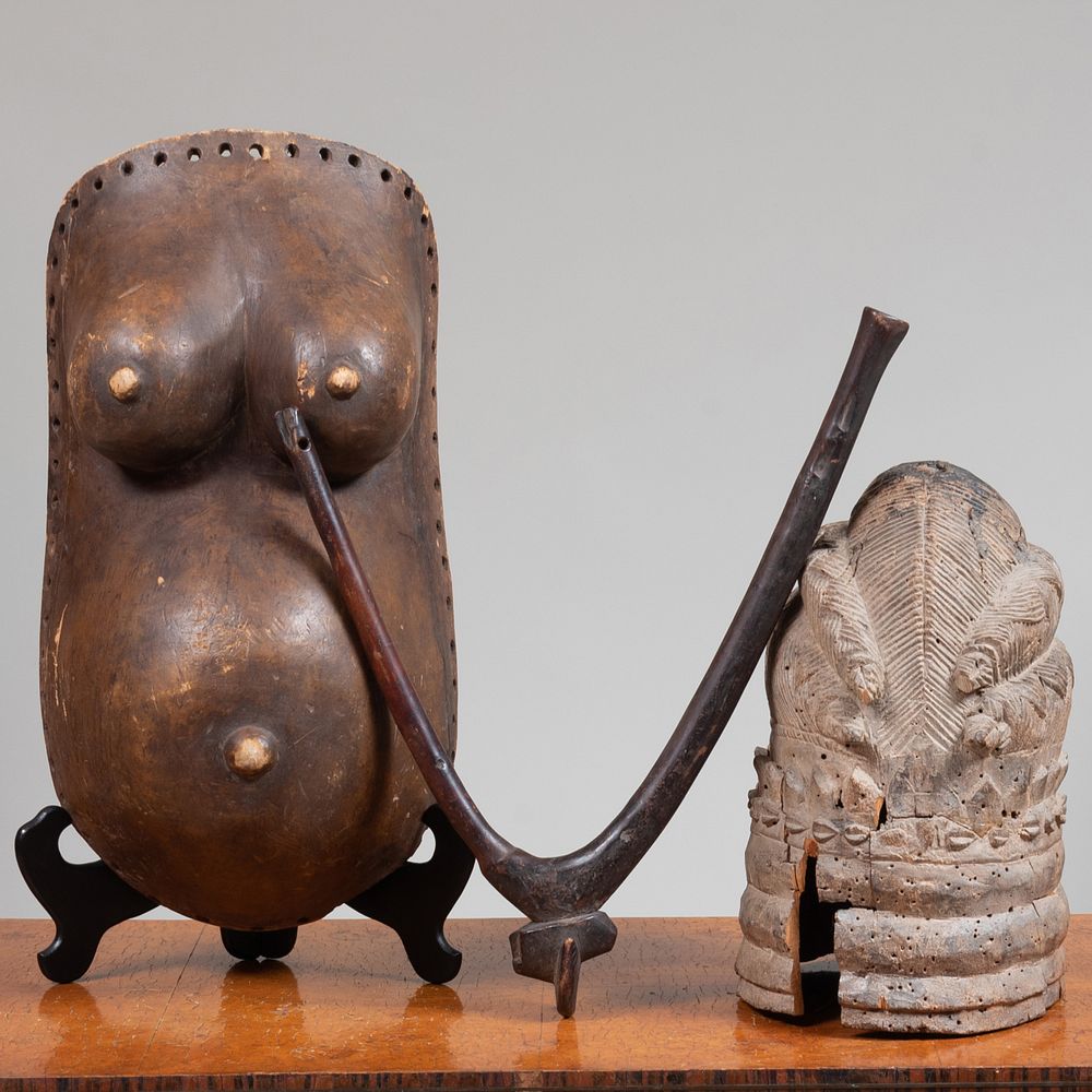 Appraisal: Group of Three African Carved Wood Artifacts Comprising A fertility