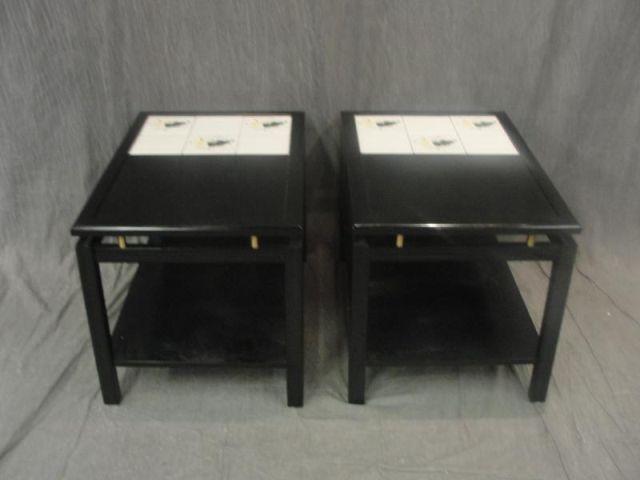 Appraisal: Pair of Midcentury Black Lacquer Tile End Tables From a