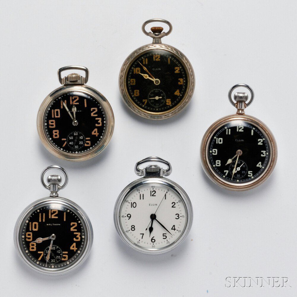 Appraisal: Five American Pocket Watches Marked with Broad Arrow Waltham and