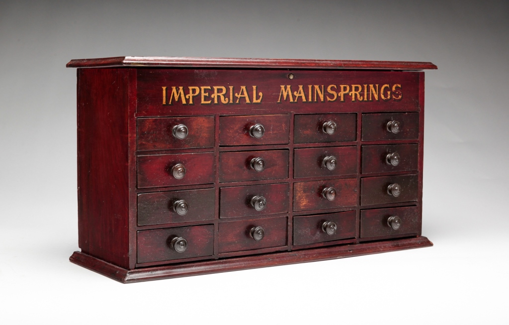 Appraisal: AMERICAN WATCHMAKER'S CABINET Late th-early th century pine Cabinet labeled