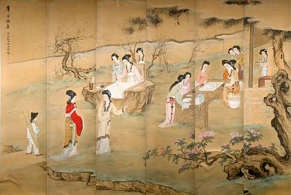 Appraisal: A Chinese six-panel scroll painting each panel length in width