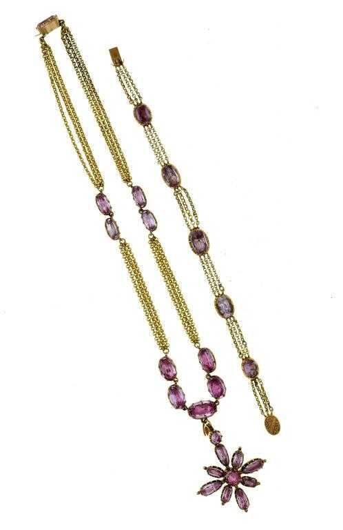 Appraisal: AN ANTIQUE PINK-FOILED STONE AND GOLD NECKLACE AND A SIMILAR