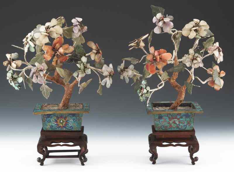 Appraisal: Pr Chinese late Qing jade trees set in cloisonne planters