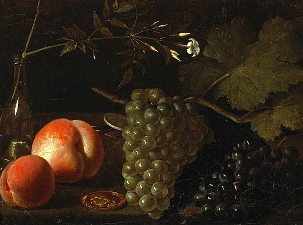 Appraisal: Danish School A still life of grapes oranges and coins