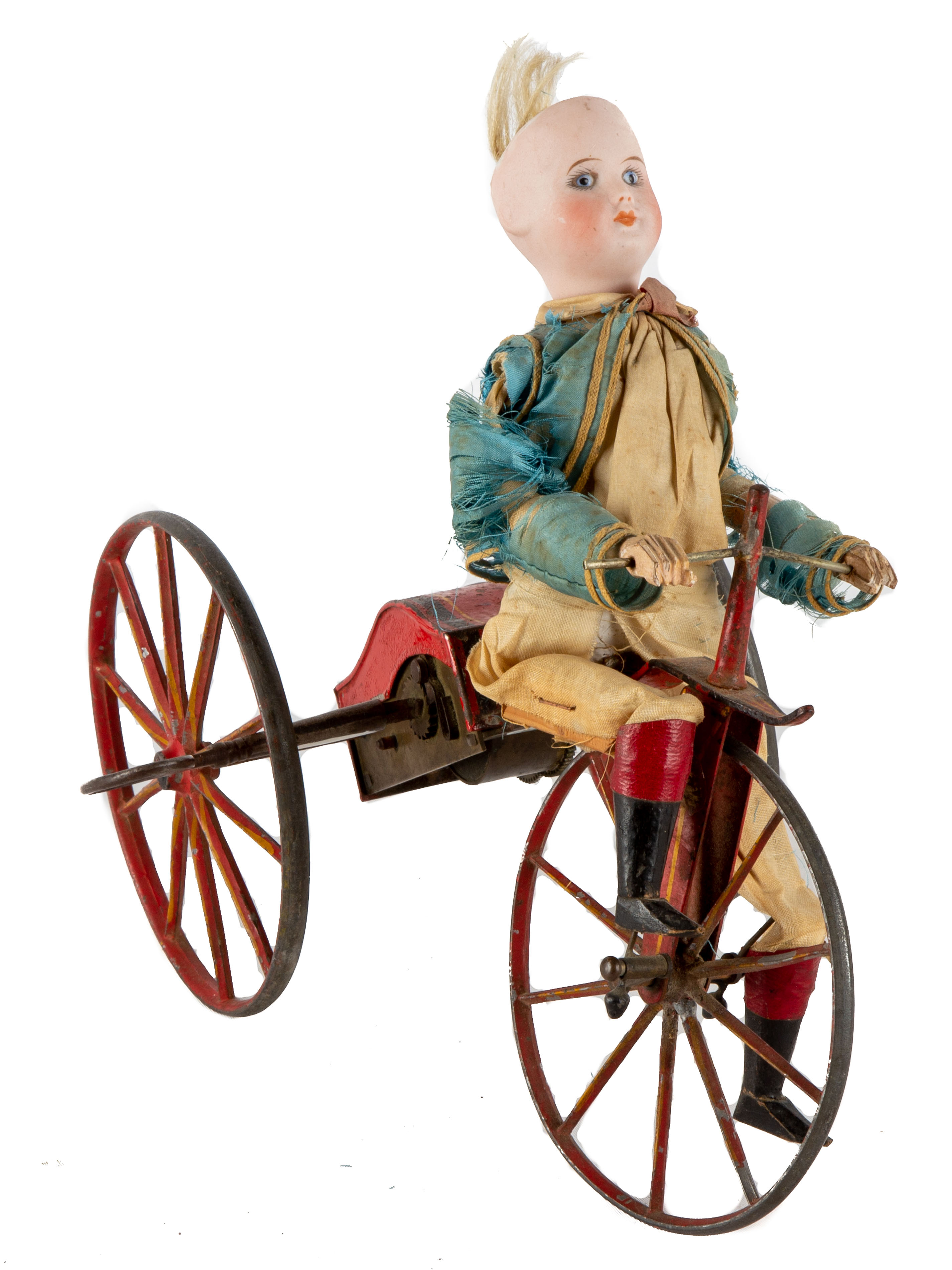 Appraisal: TH CENTURY VELOCIPEDE CLOCKWORK TOY hand painted iron tin bisque