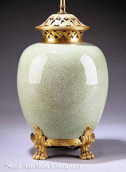 Appraisal: A Chinese Celadon Crackle-Glazed Porcelain Gilt Bronze-Mounted Jar th c