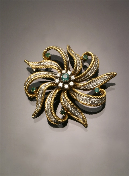 Appraisal: Tested -Karat Yellow and White-Gold Diamond and Emerald Floral Brooch