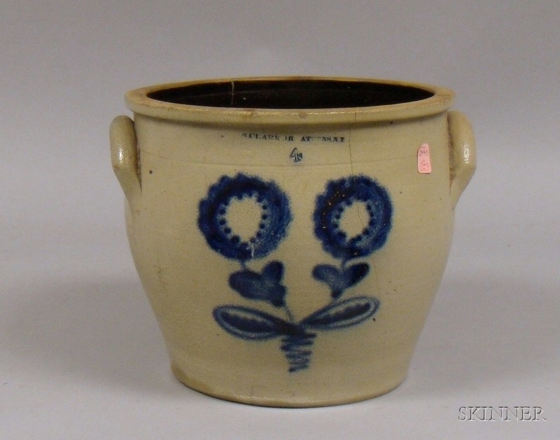 Appraisal: Stoneware Crock Decorated with Cobalt Flowers Nathan Clark Jr Athens