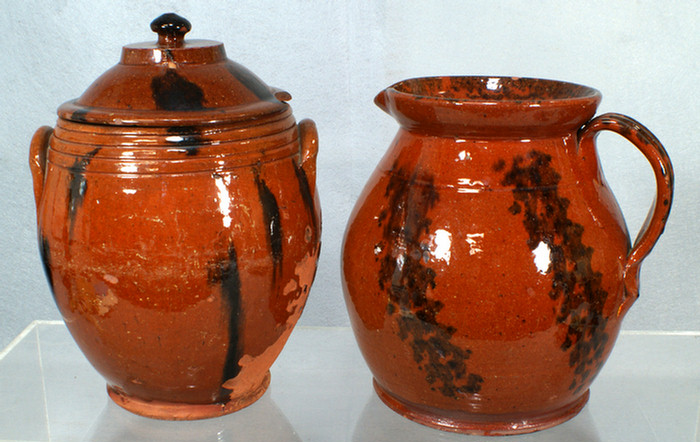 Appraisal: pcs glazed redware with manganese decoration bean pot with no