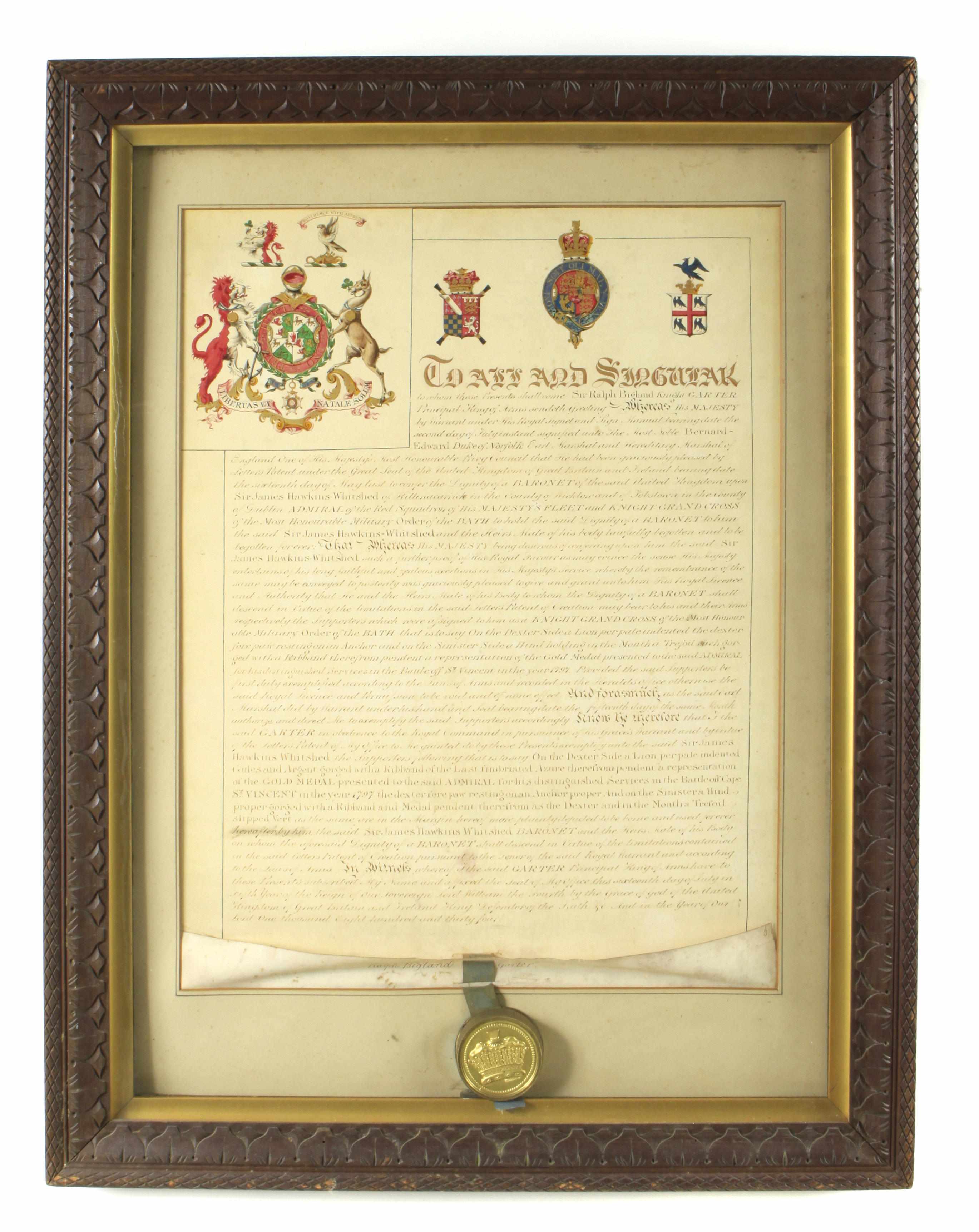 Appraisal: HERALDRY Manuscript Document Signed ''Ralph Bigland Garter'' Principal King of