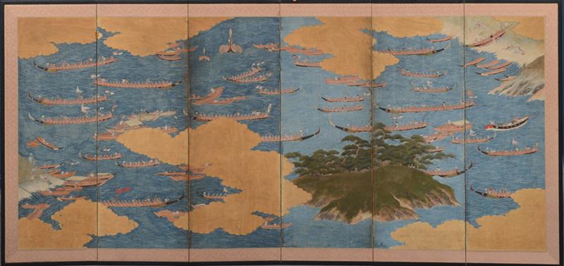 Appraisal: JAPANESE SIX-PANEL SCREEN TH CENTURY Watercolor on paper with fabric