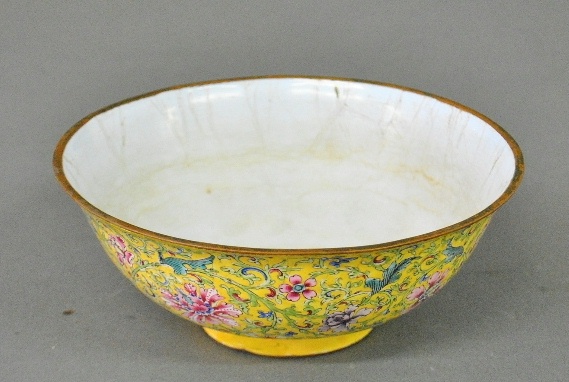 Appraisal: - Chinese Beijing enameled bowl with yellow ground and Qianlong