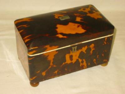 Appraisal: A TORTOISESHELL TEA CADDY of oblong form with pewter stringing