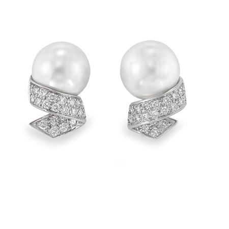 Appraisal: Pair of Cultured Pearl and Diamond Earclips Estimate -