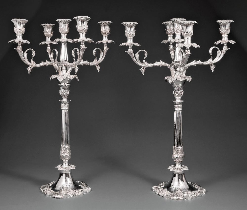 Appraisal: Pair of Monumental Silverplate Five-Light Candelabra foliate decoration removable bob