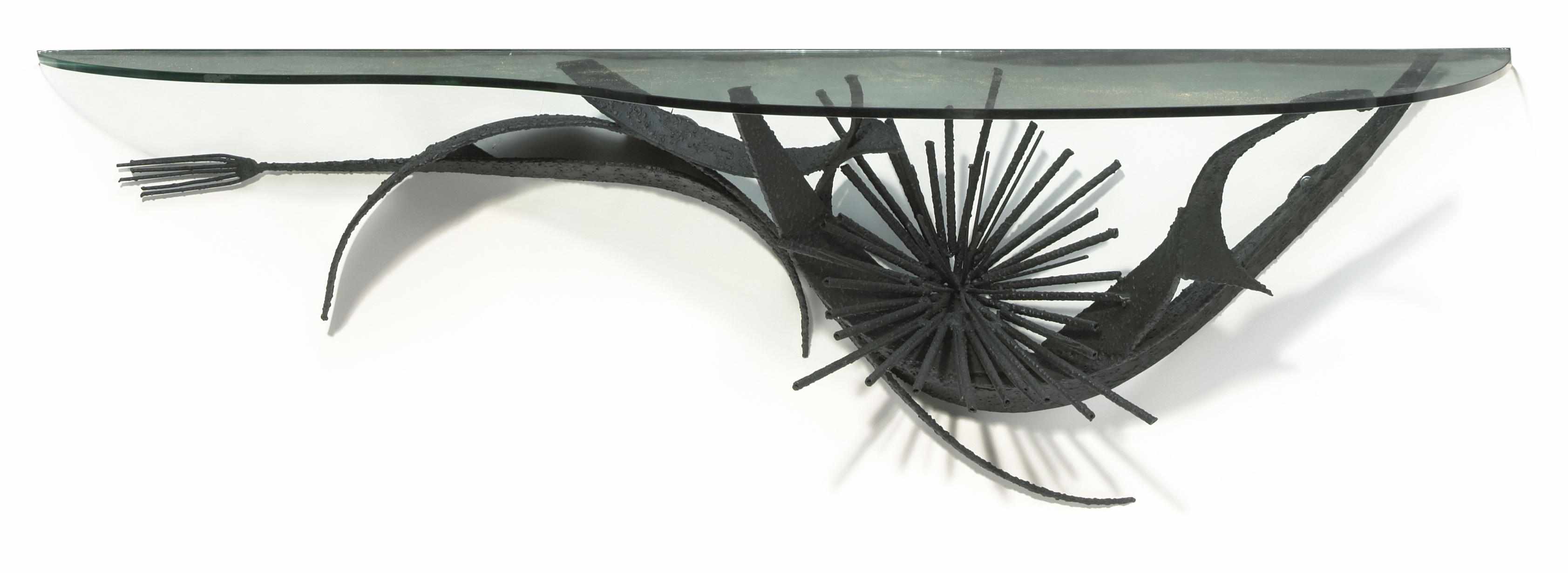 Appraisal: A sculpted steel and glass console in the manner of