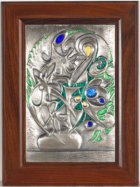 Appraisal: An Ottaviani enameled silver and rosewood wall panel s inscribed