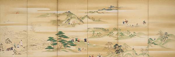 Appraisal: Attributed to Kano Yosen'in - Falconing Mid-size six panel screen