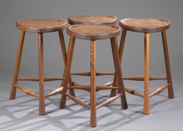 Appraisal: Four Jaeger Ernst Custom Made Stools Walnut Rounded triangle form