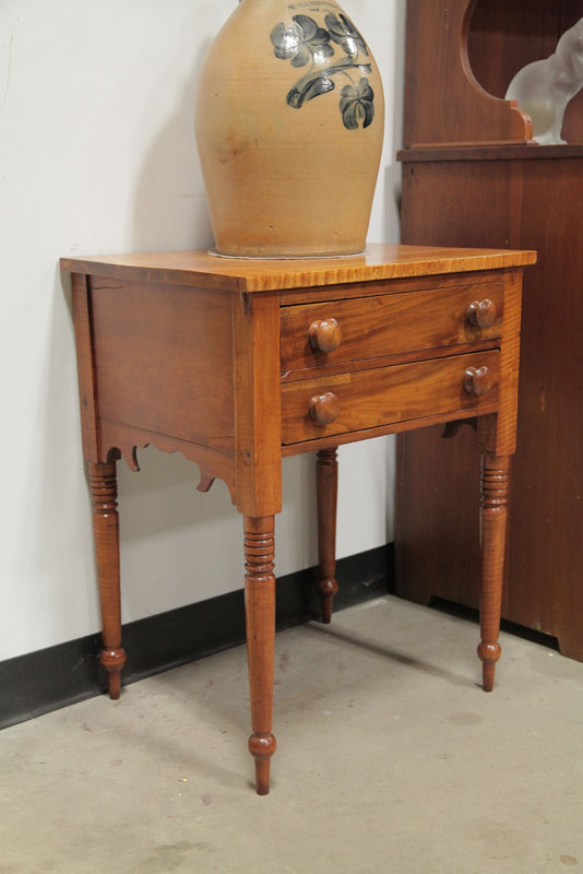 Appraisal: TWO DRAWER STAND Curly maple top mixed woods base wooden