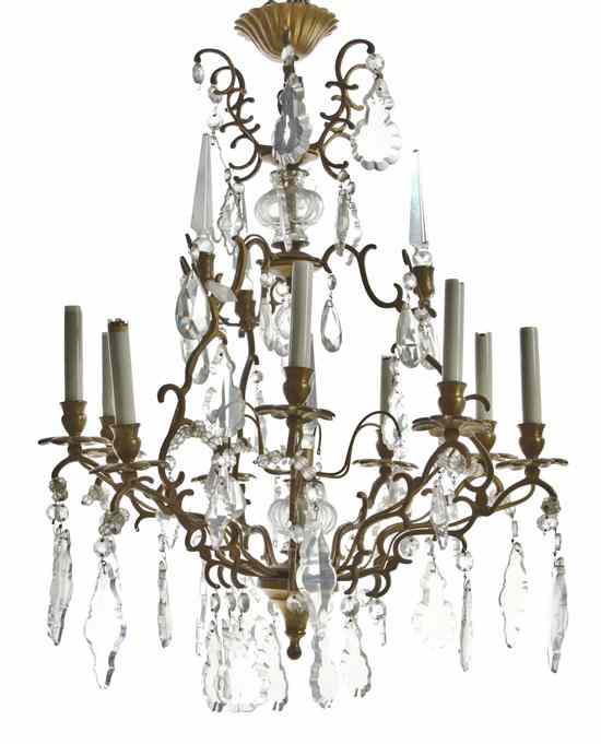 Appraisal: A Continental Bronze Nine-Light Chandelier of cage form with floriform