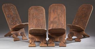 Appraisal: Group of Four African Carved Wooden Chairs with X Group