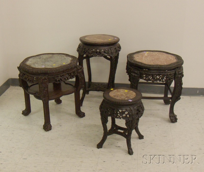 Appraisal: Four Chinese Export Marble-inset Carved Hardwood Stands ht and in