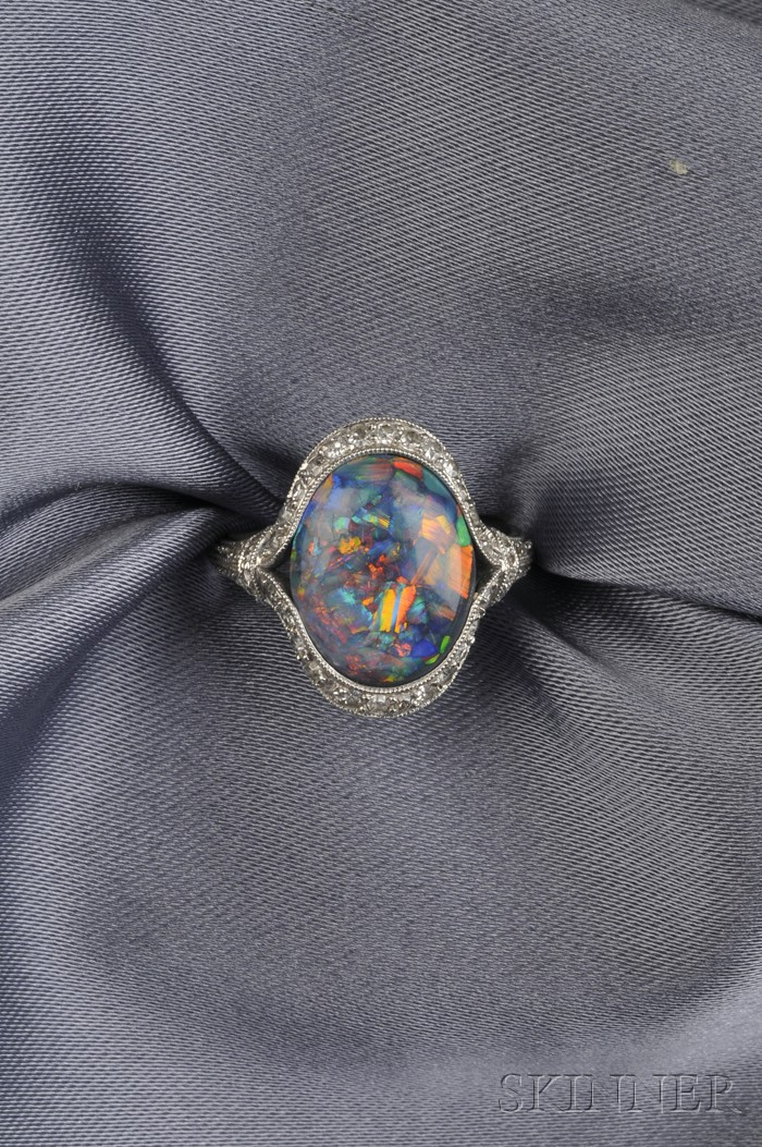 Appraisal: Art Deco Platinum Black Opal and Diamond Ring set with