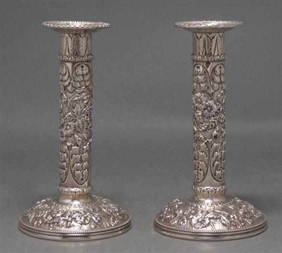 Appraisal: Pair of American repousse sterling silver candlesticks S Kirk Son