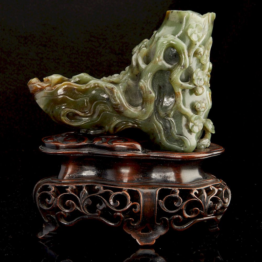 Appraisal: Chinese Spinach Jade Brush Pot Washer w Stand A lovely