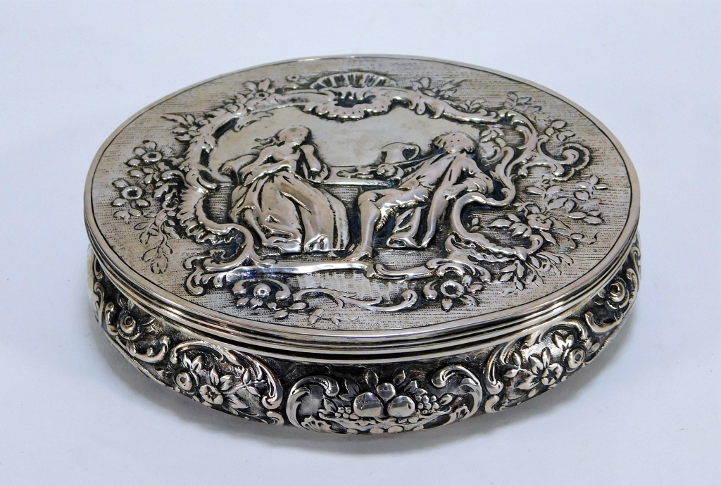 Appraisal: CONTINENTAL SILVER REPOUSSE COURTING JEWELRY BOX Europe Late th-Early th