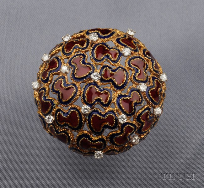 Appraisal: Plique-a-jour Enamel and Diamond Clip Brooch the domed form designed