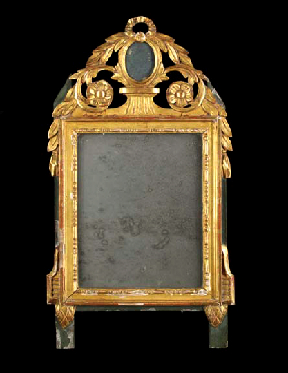 Appraisal: French Provincial Carved Parcel-Gilt and Dark Green-Painted Beechwood Looking Glass