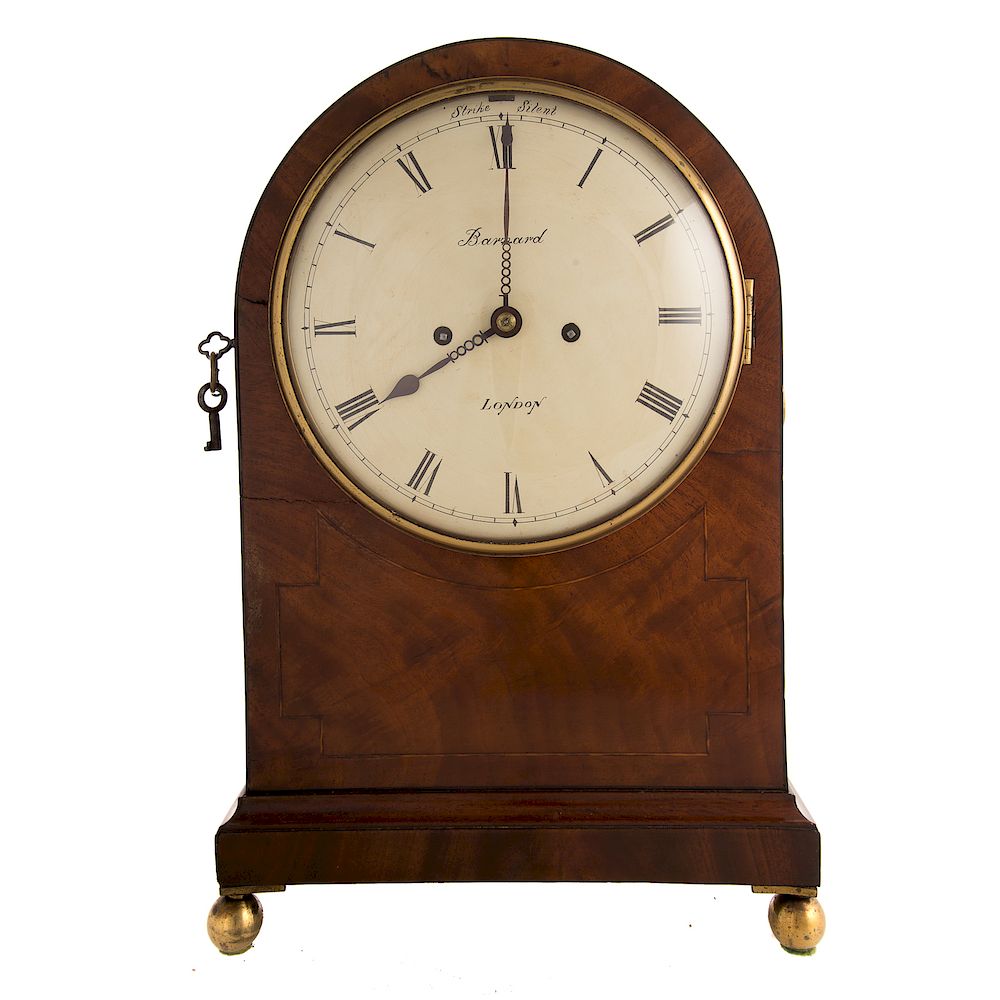 Appraisal: Regency mahogany tombstone mantel clock circa inlaid mahogany case pierced