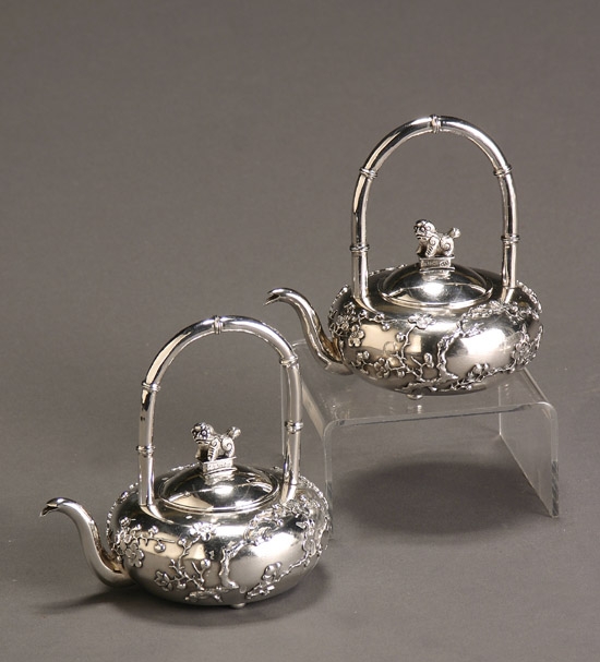 Appraisal: Pair of Chinese Export Silver Teapots Zhao Tian Shin Late