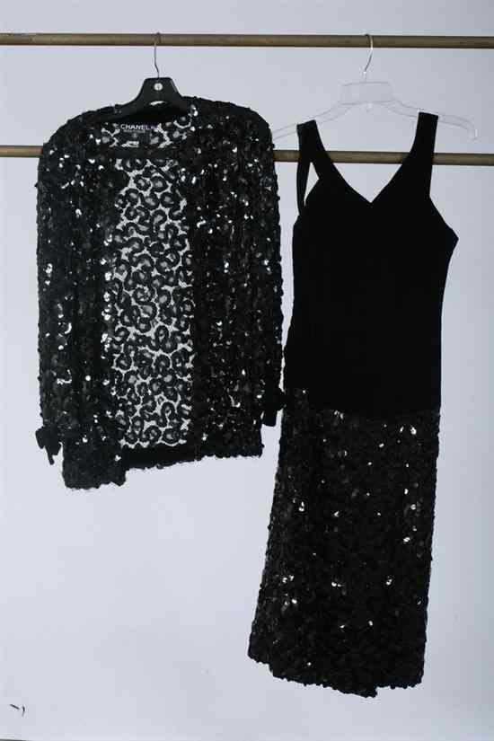 Appraisal: CHANEL BLACK SEQUINED VELVET DRESS AND JACKET ENSEMBLE Chanel Boutique