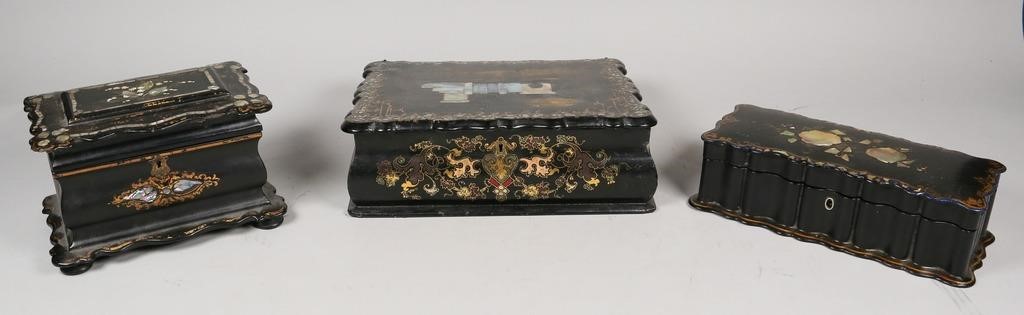 Appraisal: Victorian papier-mache lacquered boxes with gilt and inlaid mother of