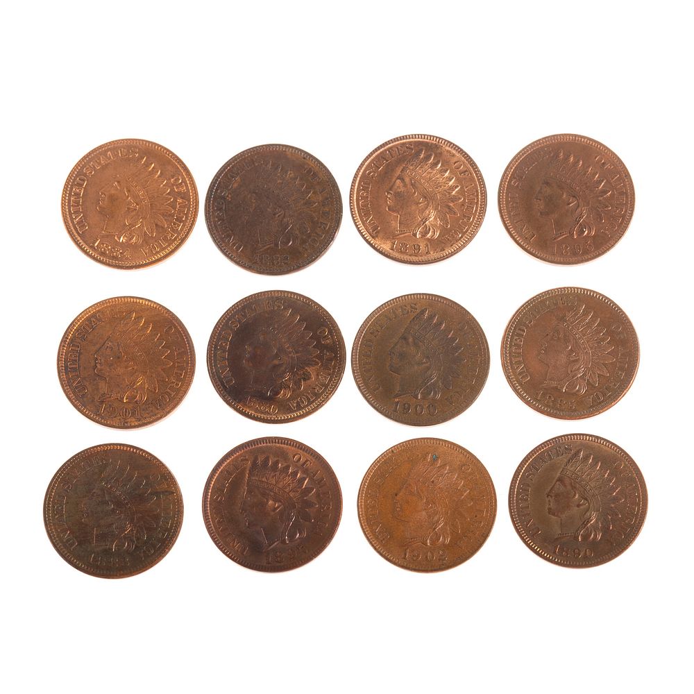 Appraisal: A Dozen AU Unc Indian Cents MS BN with red