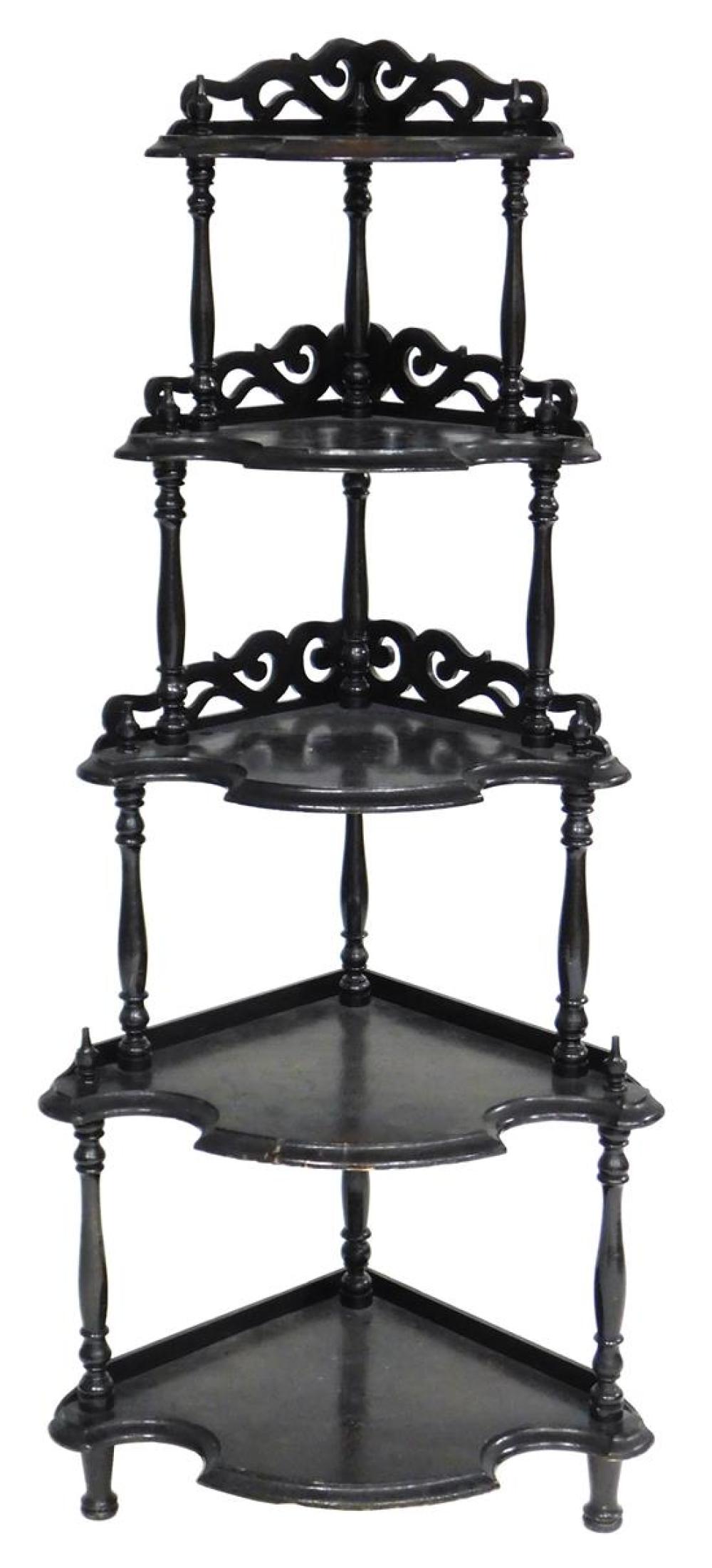 Appraisal: Etagere late th C five shaped corner shelves pierced and