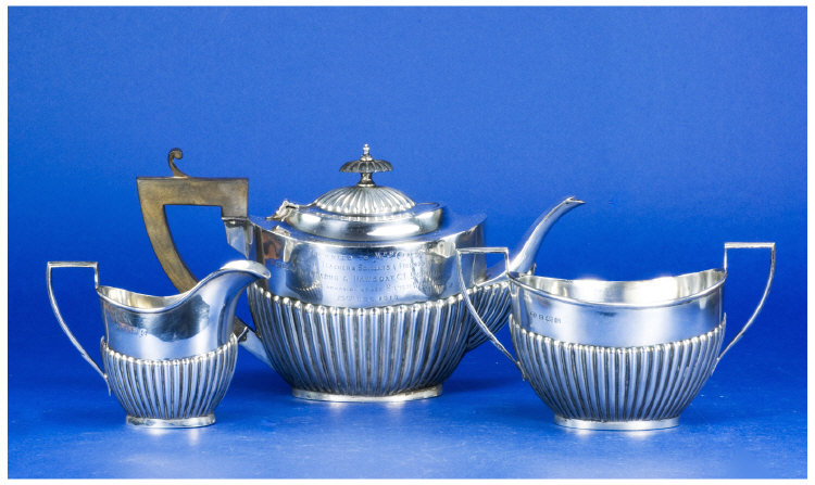 Appraisal: Silver Three Piece Tea Service Hallmark Birmingham With ribbed panels