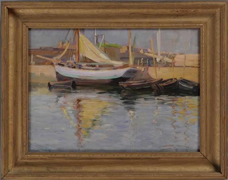 Appraisal: AMERICAN SCHOOL SAILBOATS IN HARBOR Oil on board signed J