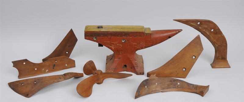 Appraisal: AMERICAN RED-PAINTED WOOD MODEL OF AN ANVIL Together with seven