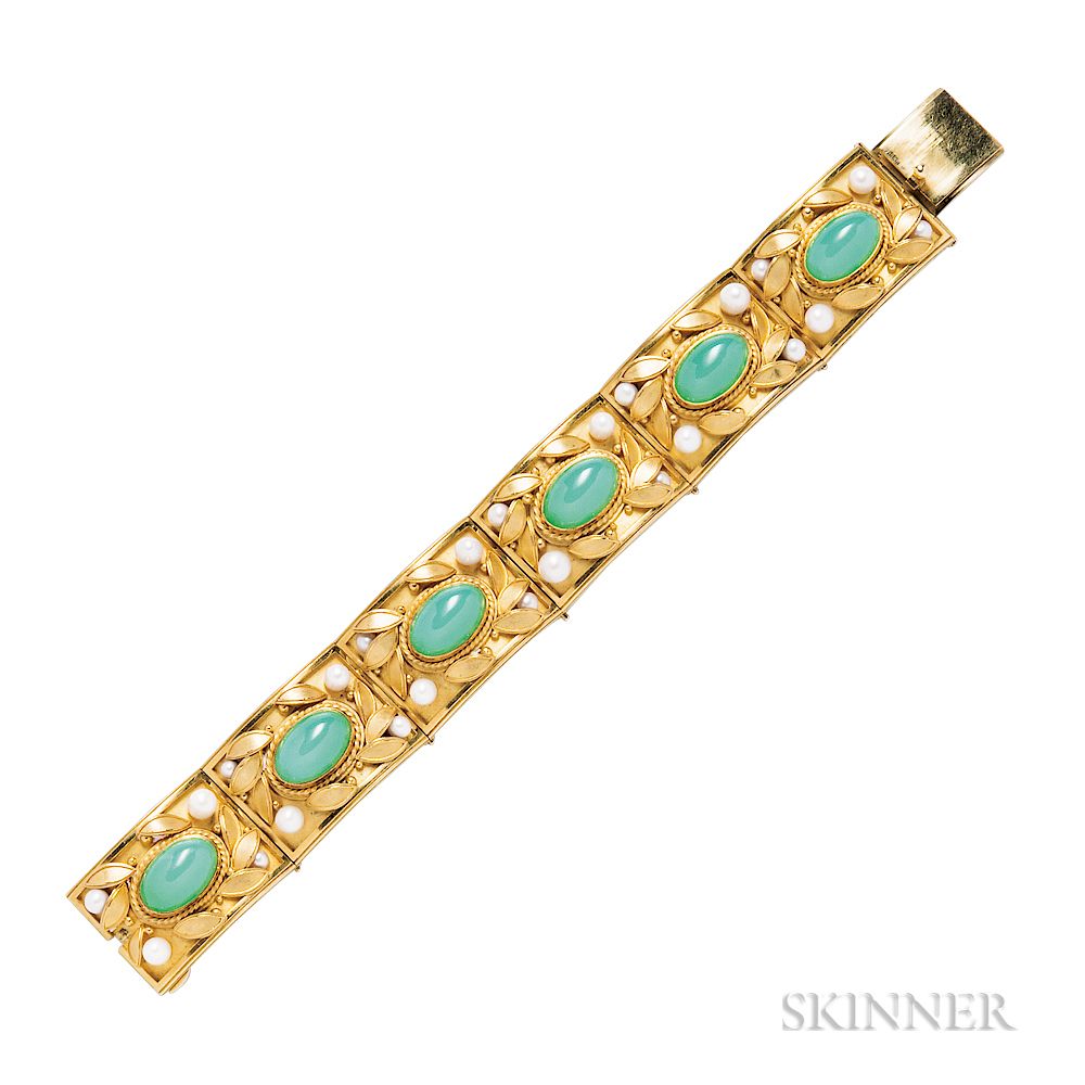 Appraisal: High-karat Gold kt Gold Chrysoprase and Cultured Pearl Bracelet High-karat