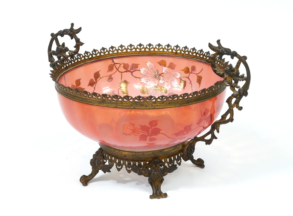 Appraisal: GILT METAL MOUNTED CRANBERRY GLASS CENTER BOWL Fluted opalescent cranberry