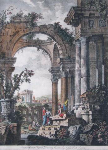 Appraisal: Antique Color Engraving View of Rome depicting soldier and women